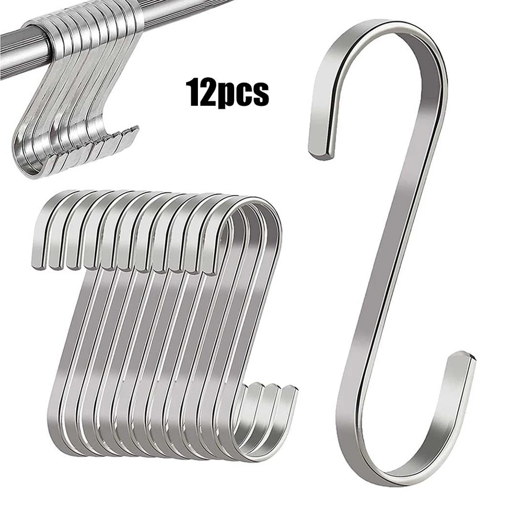 12pc/set S Hooks Flat 304 Stainless Steel Hanger Metal Multifunction  Storage Holder Kitchen Bathroom Towel Clothes Hang Hooks