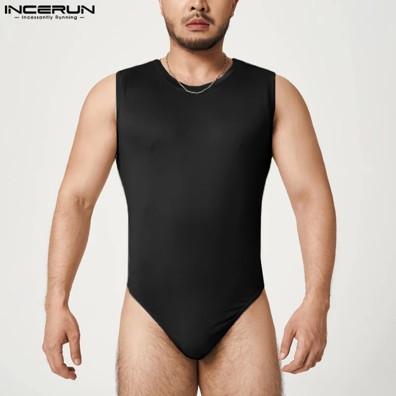 

2023 Men Bodysuits Solid Color O-neck Sleeveless Fitness Fashion Men Rompers Pajamas Summer Sexy Vests Bodysuit S-5XL INCERUN