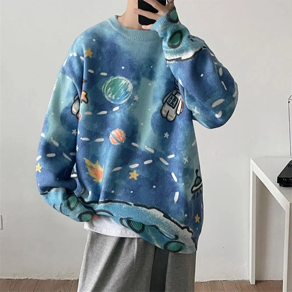 Men Sweater Round Neck Cartoon Space Print Long Sleeves Loose Cold-proof Pullover Astronaut Thick Autumn Sweater Male Clothing