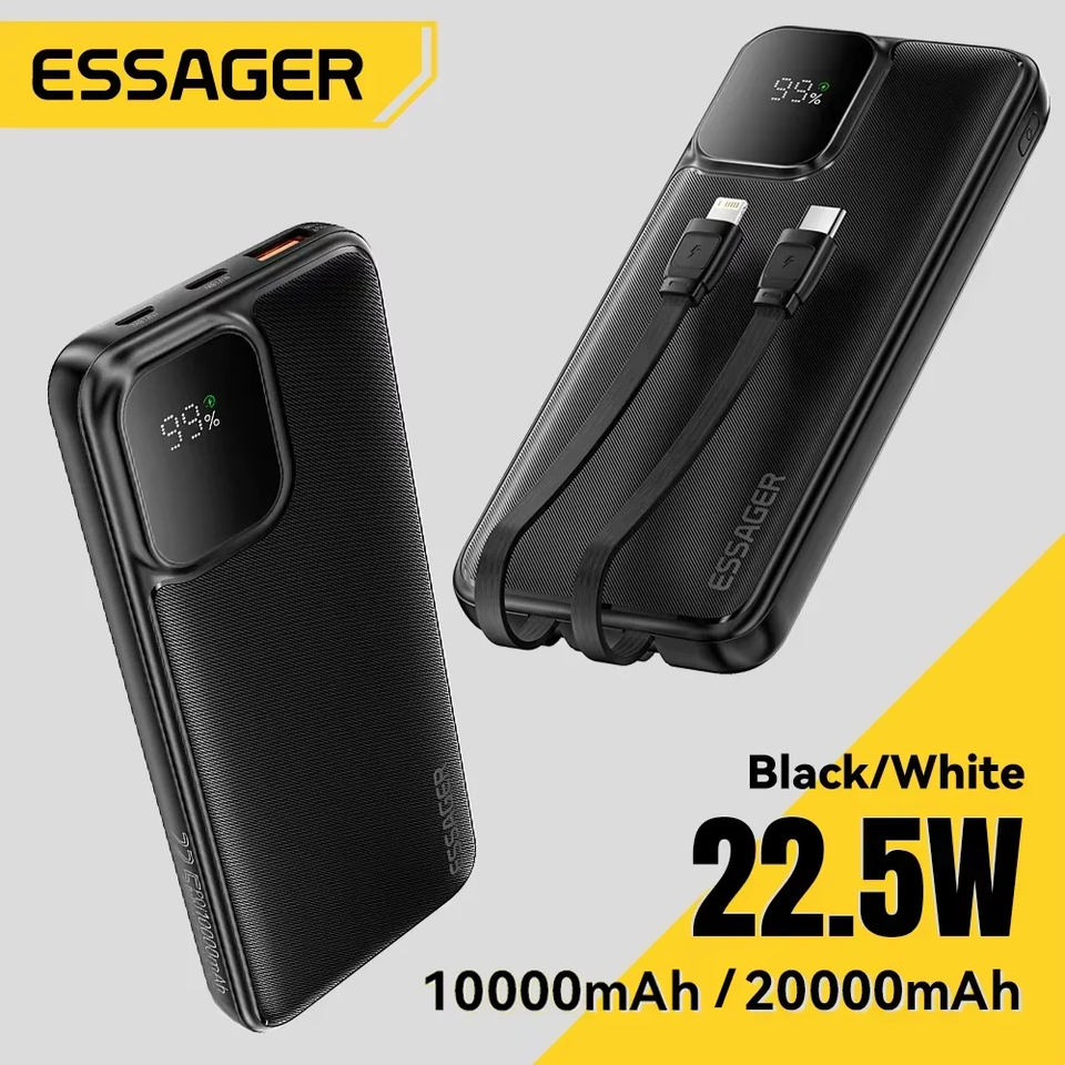  Essager Portable Power Bank 20000mAh with Two Built-in Cables External Battery PD 22.5W Fast Charging For iPhone 17 16 15 Xiaomi 