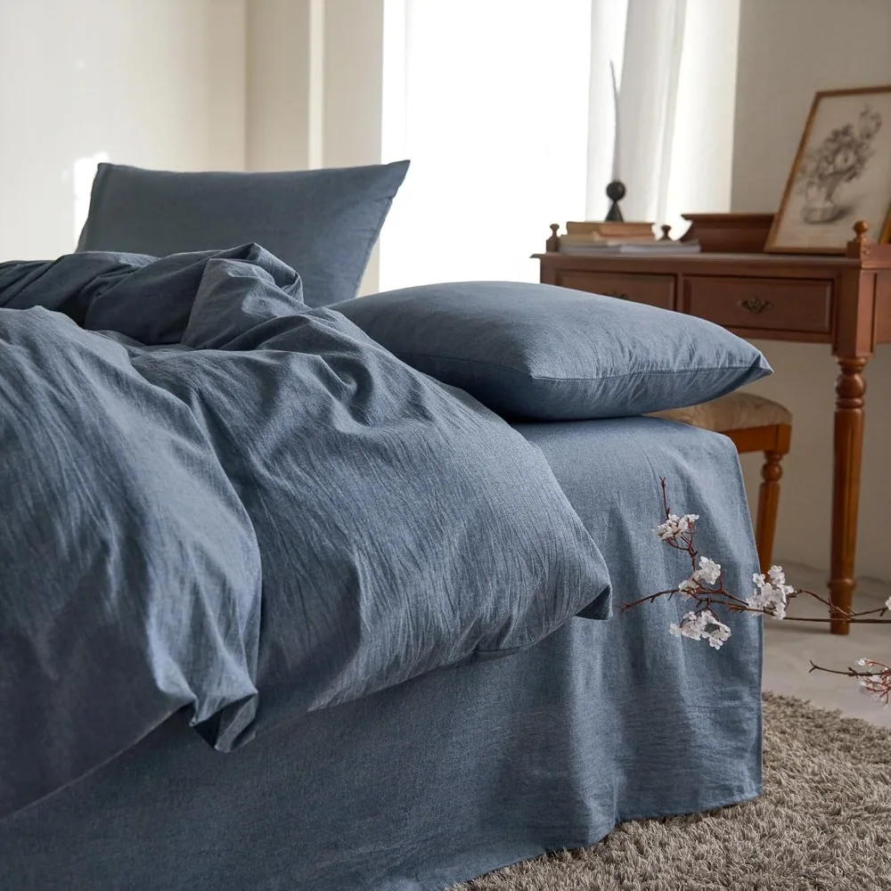 Queen Size Chambray Denim Blue Cotton Duvet Cover Set - 1