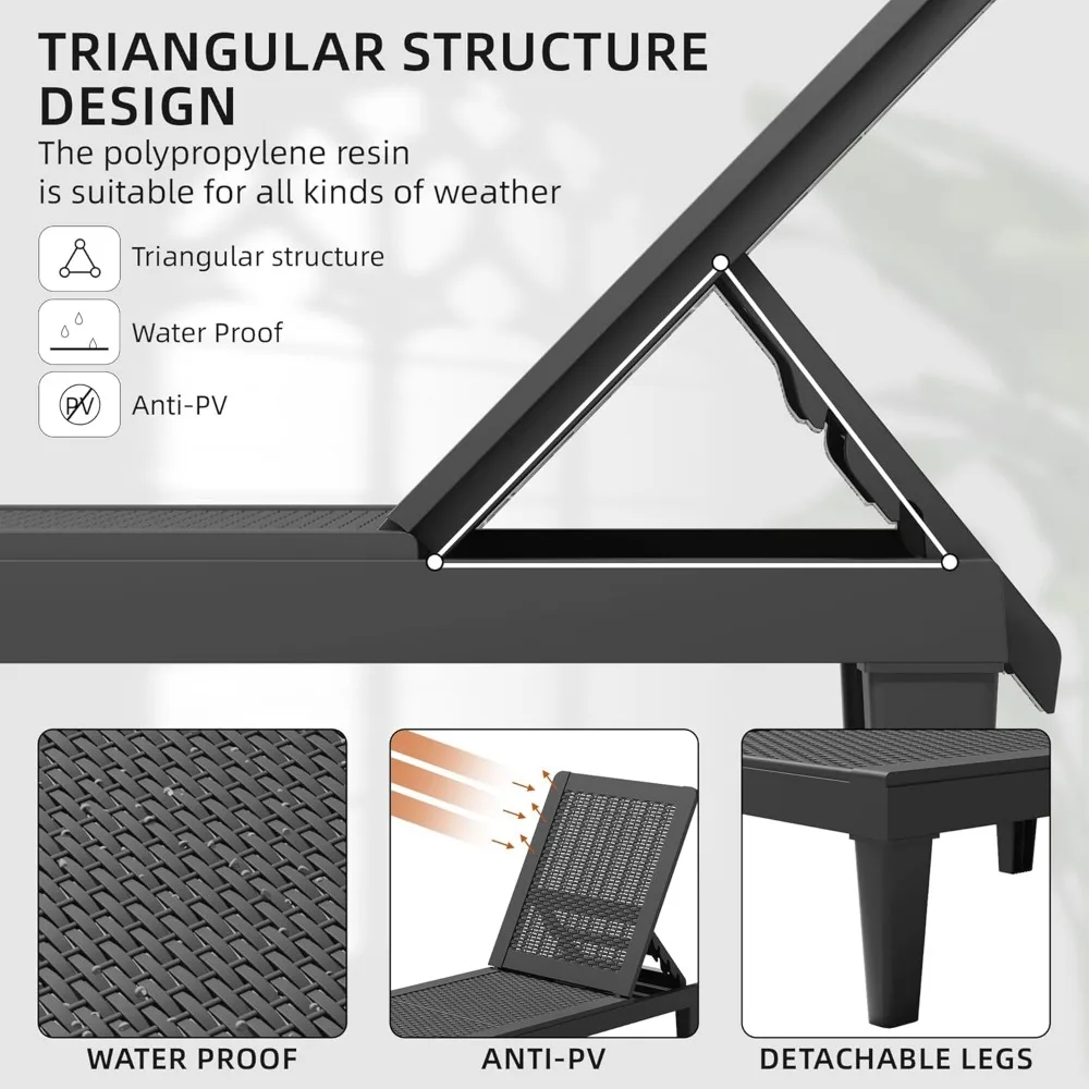 Outdoor Patio Chaise Chair (Set of 2) with 10FT Umbrellas, 5-Position Waterproof Sun Lounger, for Pool, Garden, Black 4