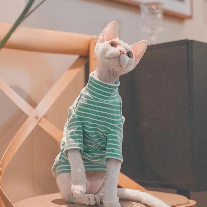 Cat Clothes Sphynx Fleece Coat, Long Sleeves, Soft Stripped Undershirt for Kittens Dogs, Devon Rex, Cute Jumpsuit, Spring and Au