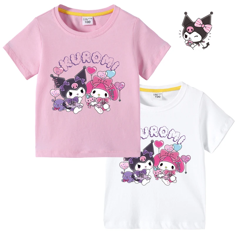 

2023 New Sanrio Kuromi Cotton T shirt Kawaii Children's Summer Short sleeved T shirt Boys and Girls Baby Half sleeve Tops