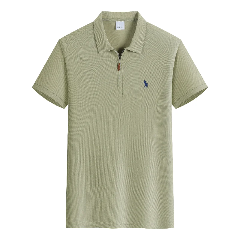 Polo ricamata di lusso a maniche corte da uomo, con mezza zip, top estivo comodo e traspirante, tinta unita, casual - immagine 4
