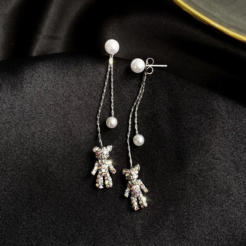 Orecchini Pendenti In Cristallo Con Strass Di Moda Orecchini A Bottone Con Perle Di Orso Orecchini A Bottone Lunghi Con Orso Carino Brincos De Festa