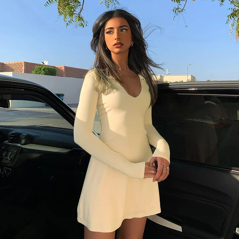 

Sexy Bodycon Long Sleeve Elegant V Neck Mini Dress Autumn Party Dresses Women Casual Summer Clothes 2022