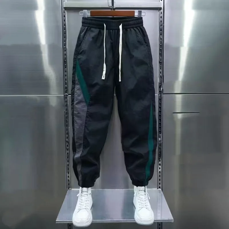 2024 Summer New Men's Trousers Contrast Color Spliced Elastic Drawstring Fashion Trendy Loose Young Style Casual Harlan Pants