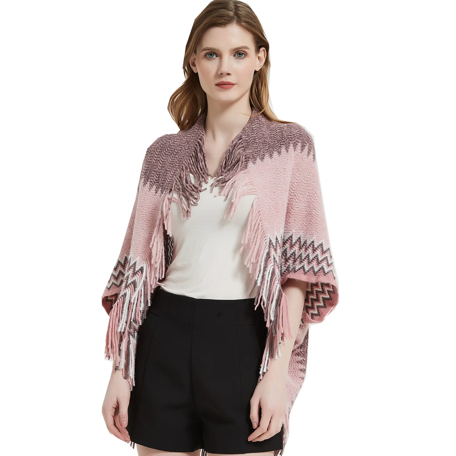 

Spring and Autumn New Style Cardigan Women's Knitted Tassel Shawl Fashion Street Poncho Lady Capes Pink Cloaks