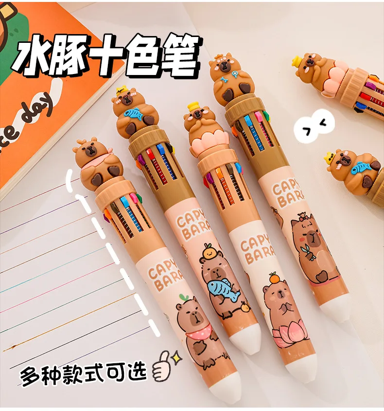 10-Farben-All-in-One-Kugelschreiber Niedlicher Capybara Druckknopf-Mehrfarbenstift mit Glatter Tinte Schreibwerkzeug für Schüler Cartoon Mehr als 12 Farben – Detail 10