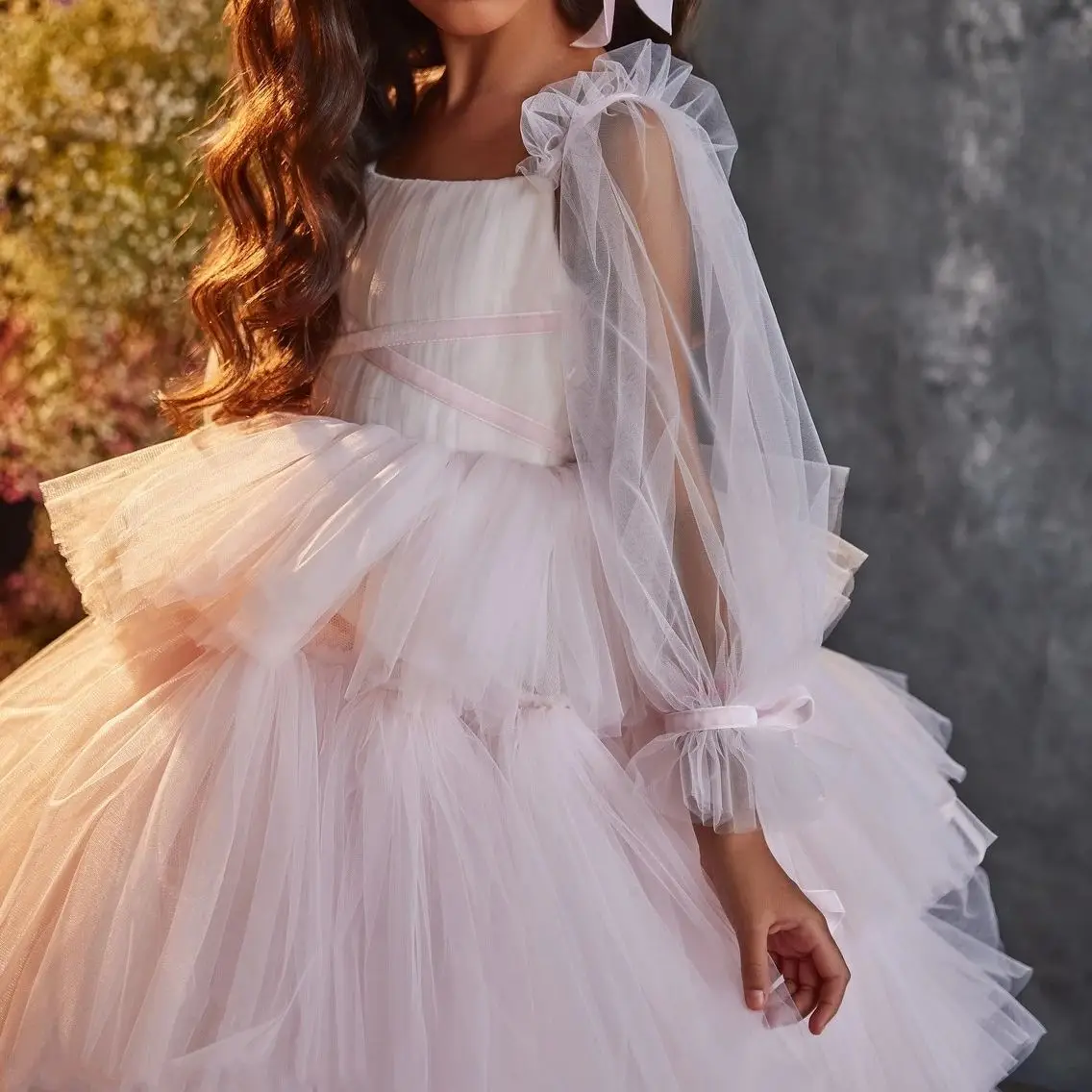 

Великолепное Новое Бальное Платье, пышное платье для девочек, платья для девочек с цветами, Тюлевое атласное платье на шнуровке для первого причастия, для особых случаев