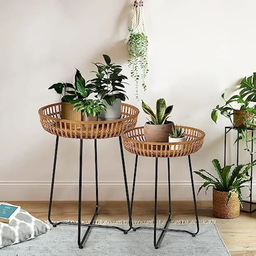 Comfort corner Rattan Side Table Nesting Tables Set of 2, Bamboo Round Coffee Table Metal Base End for Living Room