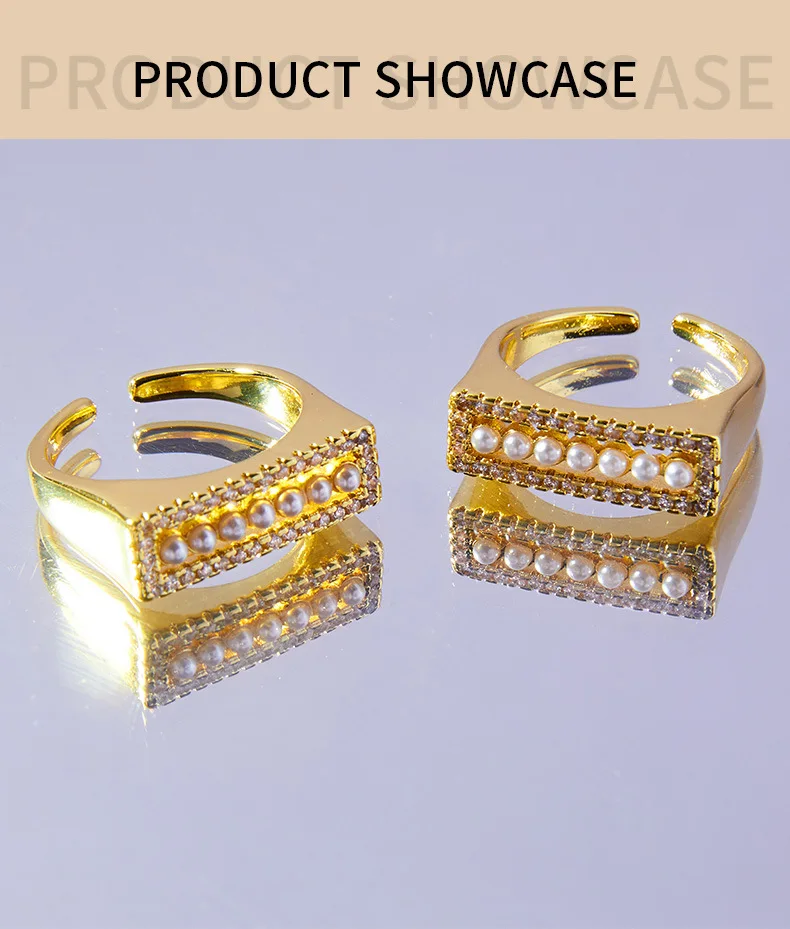 Modischer Imitationsperlen-Offener Ring für Damen, Kupfer Quadratischer Luxus-Strass-Ring, Sommerlicher Wasserfester Schmuck – Detail 7