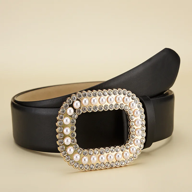 

New women's pearl buckle belt inlaid with rhinestone decorative belt, versatile for men and women, student smooth buckle belt