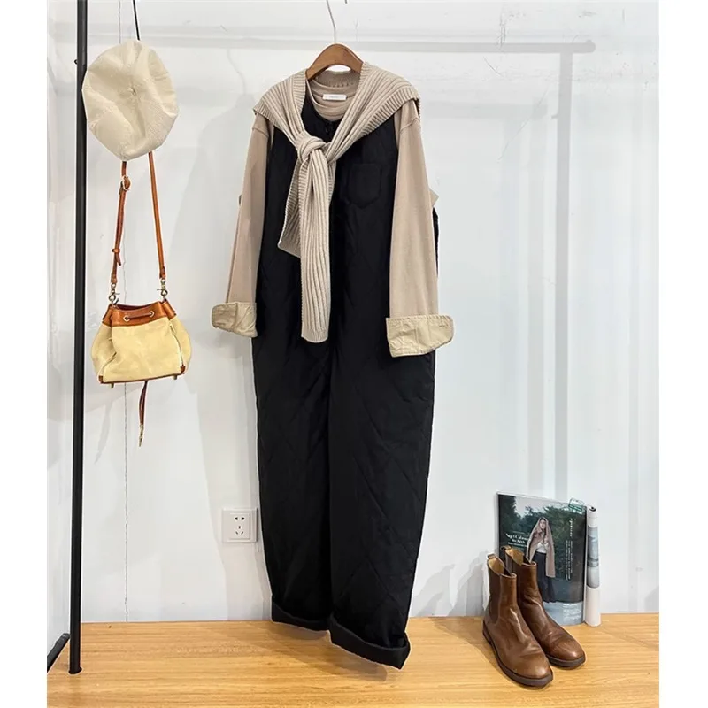 Sweet Sle Warm Plaid Harlan Overalls Korean Version Net Color Simple Match Trendy Winter Long Pants High Waist Straight Leg
