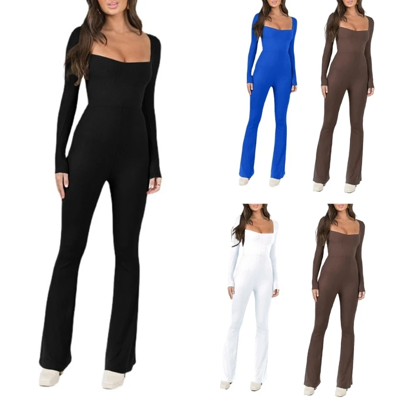 Womens Sexy Square Neck Open Back Bodycon Party Club Long Romper Jumpsuit Long Sleeve Skinny Workout Playsuit Dropship