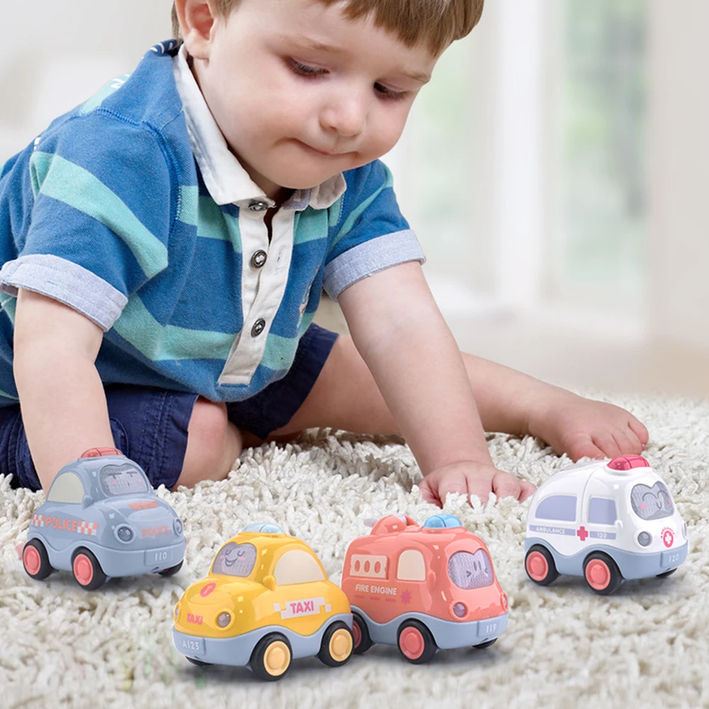 Cartoon Friction Cars Set with Sound Light Cute Taxi Police Fire Truck Ambulance Toys for Babies Toddlers Car Vehicle Playset kids fire trucks toy pullback fire engine toy trucks with friction power classic red and white rolling emergencies vehicle