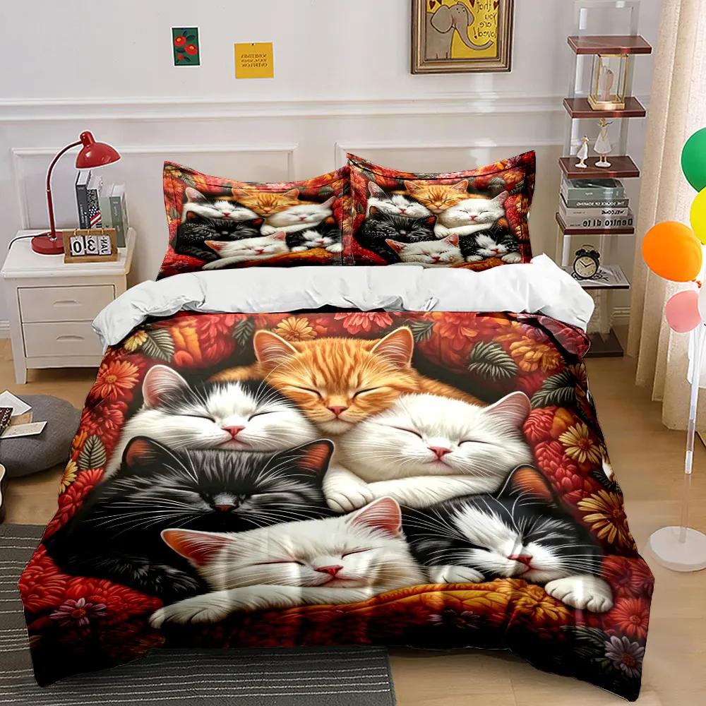 Cat Bedding Set Cartoon Duvet Cover Set Flowers Comfor Cover Bedroom Decor Guest Room 3pcs(1 Duvet Cover + 2 Pillow) 1
