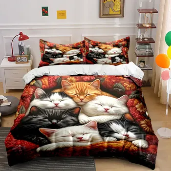 Cat Bedding Set Cartoon Duvet Cover Set Flowers Comfor Cover Bedroom Decor Guest Room 3pcs(1 Duvet Cover + 2 Pillow) 1