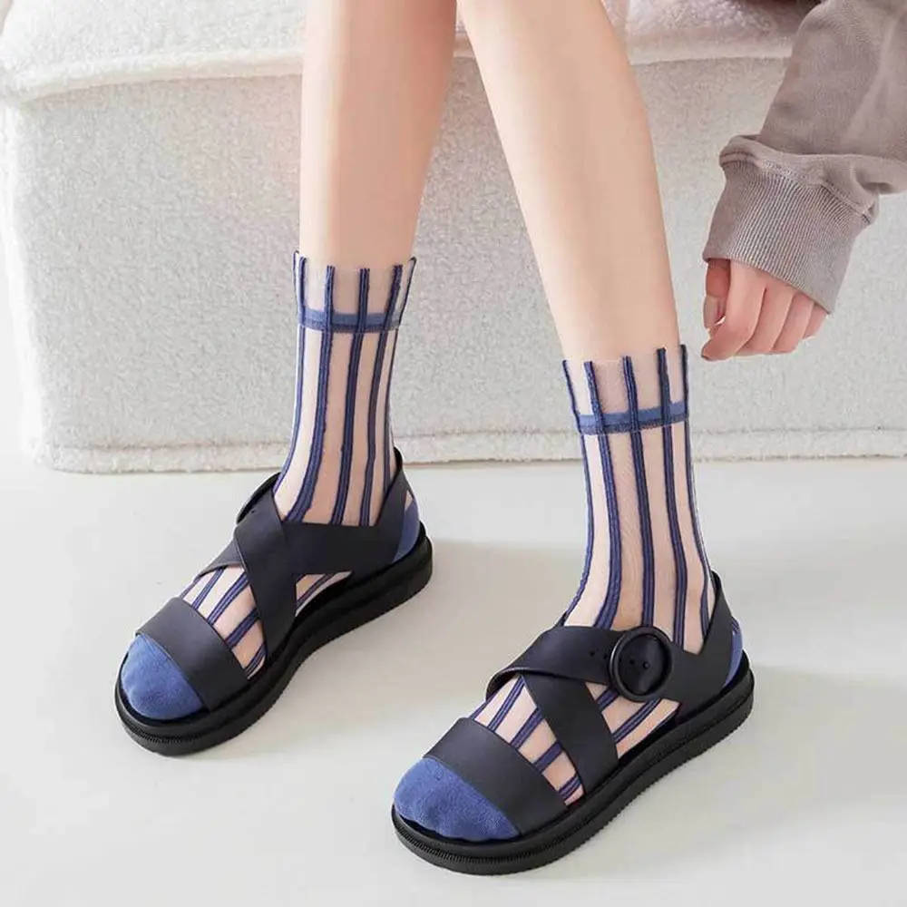 

Ultra-thin Fashion Japanese style Summer For Women Mesh Striped Socks Glass Silk Socks Middle Tube Socks Female Hosiery