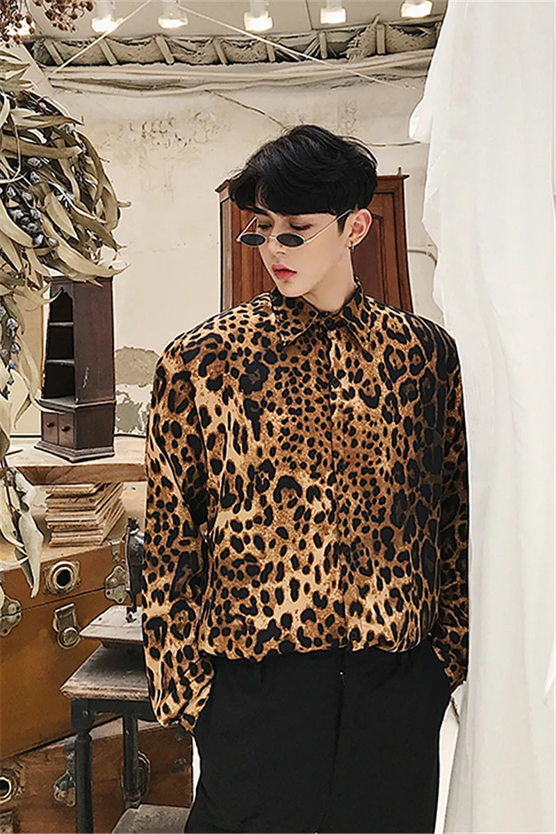Leopard Print Chiffon Slim Fit Non Ironing Shirt Male Singer Stage Performance Outfit Nightclub Bar Nightclub Dance Sexy Shirt