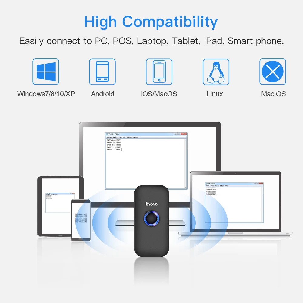 Eyoyo EY-009L Mini 1D Laser Bluetooth Barcode Scanner UPC/EAN/Codabar Code Reader. Support Hide/Add Prefix/Suffix Digits