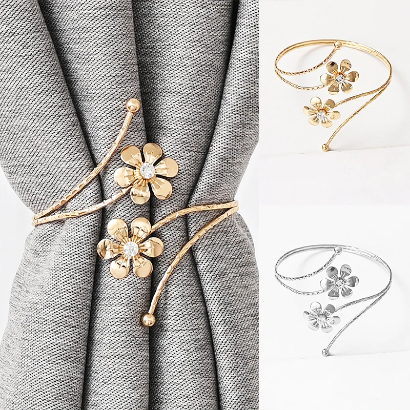 

1PC Light Luxury Double Flower Curtain Buckle Gold Silver Curtain Holder Metal Curtain Strap Modern Minimalist Curtain Clip