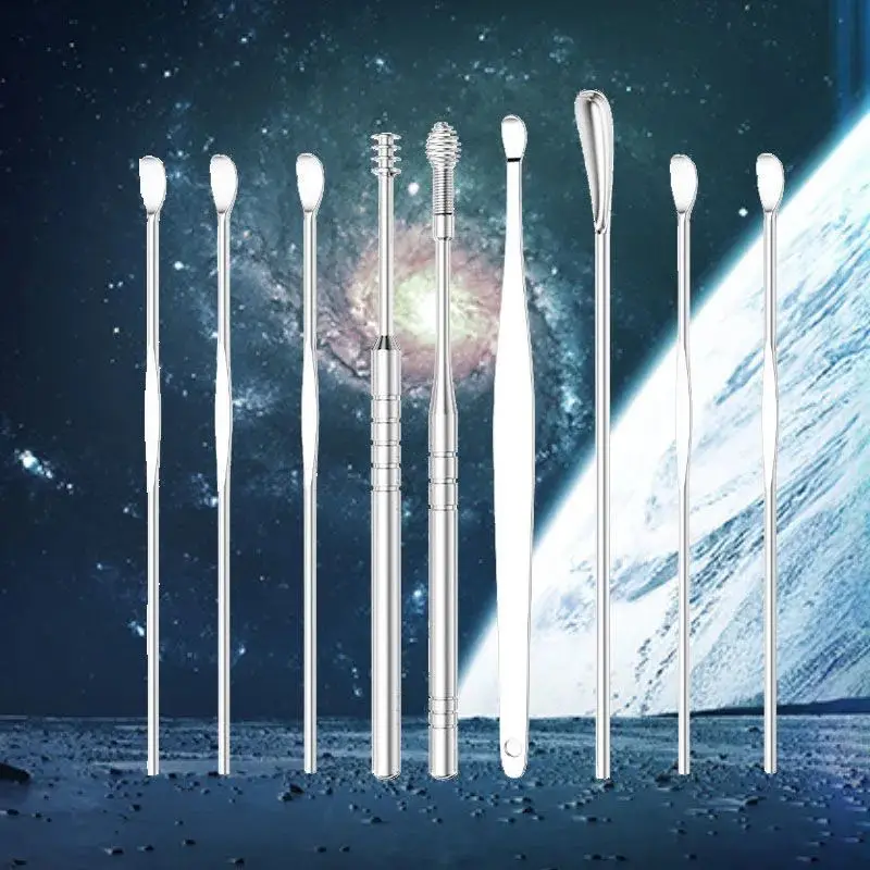 Image showcasing a collection of stainless steel earpicks, spoons, and curettes for earwax removal and care.
