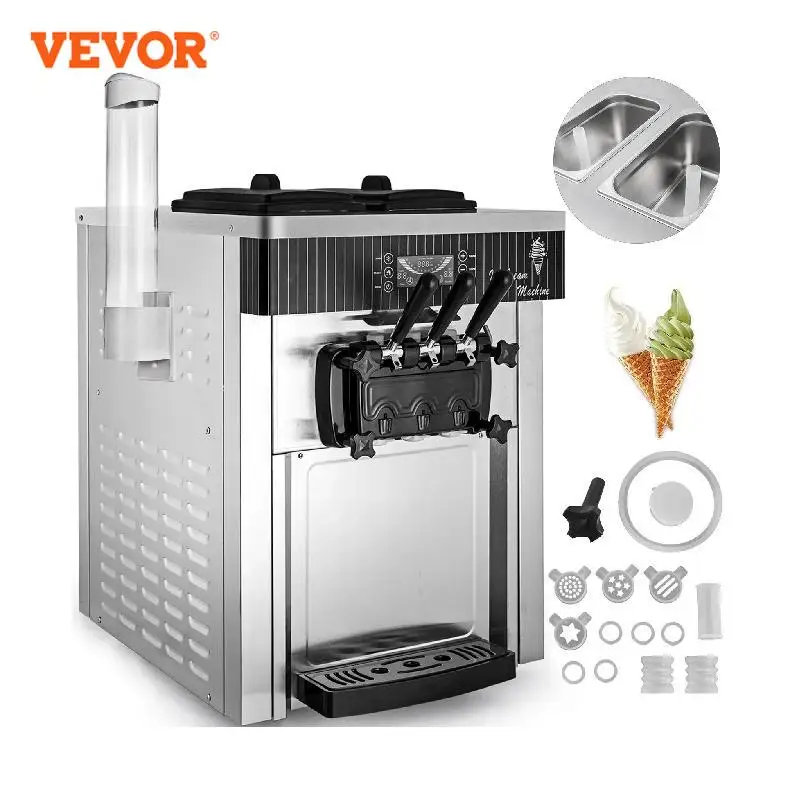 VEVOR 18-28L/H Soft Ice Cream Machines Commercial Sorbet Coolers Tricolor Desktop Sweet Cone Freezing Equipment Vending Machine 220v small ice cream machine tricolor ice cream maker commercial stainless steel desktop sweet cone freezing equipment 1200w