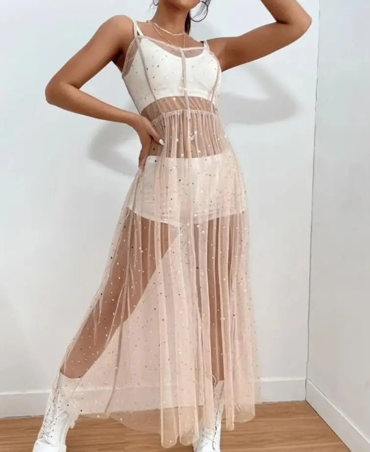 Yiiciovy Sexy Women's Beach Cover Up Dress Sleeveless Square Neck Beach Holiday Sequined Split Midi Beachwear Smock Dresses 5