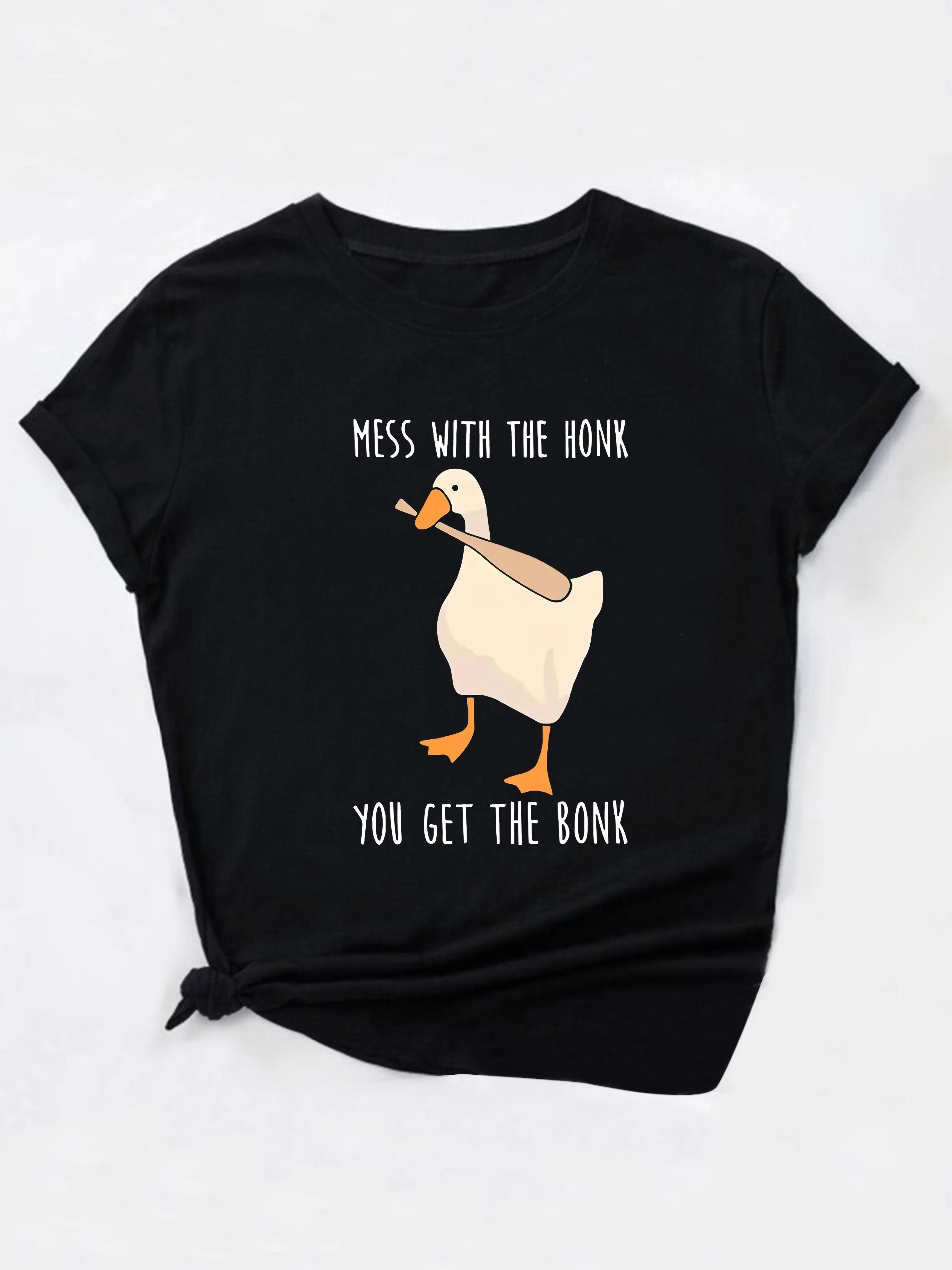 

Duck With Baseball Bat Print Casual Sports T-shirt, Round Neck Running Fitness Short Sleeves Tops, Women's Activewear
