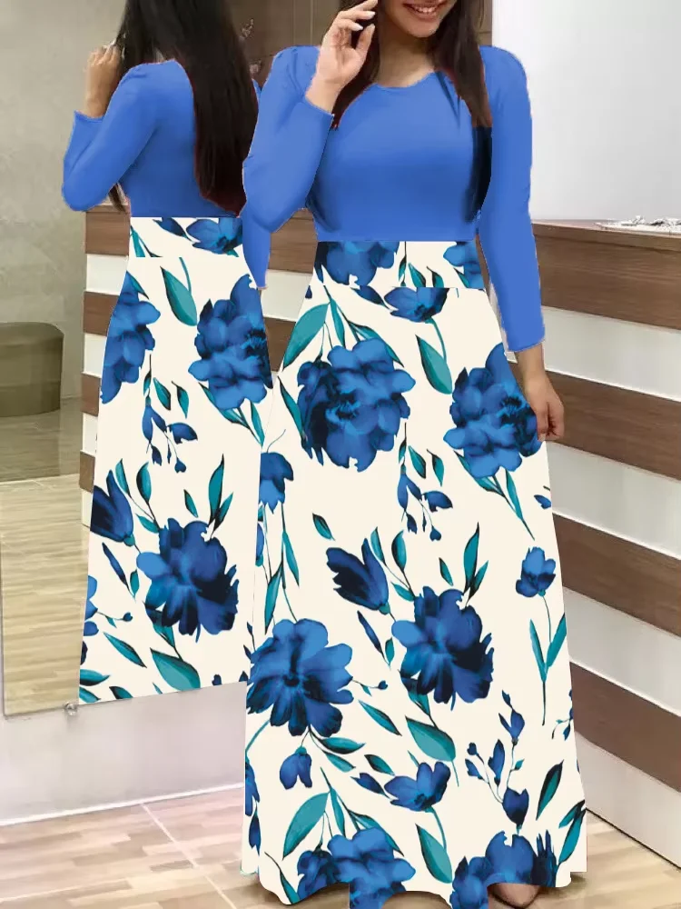 Floral Print Long Sleeve Dress European American Style Color Matched Swing Skirt for Women Large Size 6