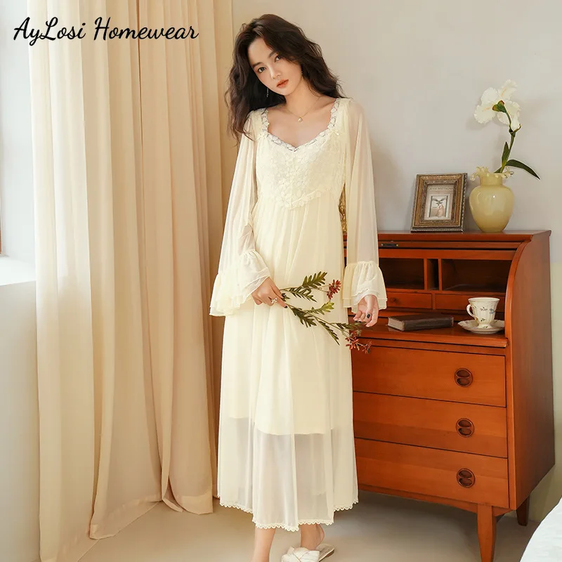 

AyLosi Nighty for Women Pajamas V-neck Long-sleeved Nightgown Solid Lace Loungewear Palace Style Women's Nightwear Vestidos Pj