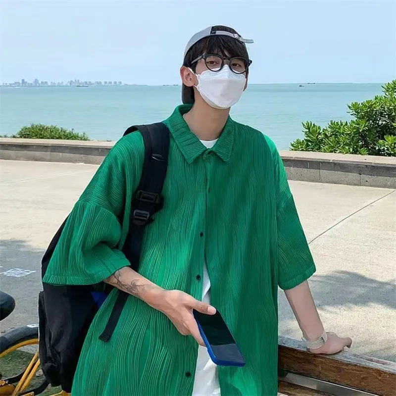

2022 Summer Men's Retro Short Sleeve Shirts Breathable Fashion Trend White/black/green Shirts Water Ripple Loose Large Top Coats
