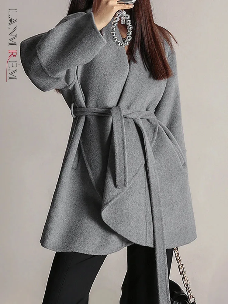 

[LANMREM] Gray Minimalism Lace-up Gathered Waist Wool Coats For Women Mid-length Warm Female Outwear 2023 Winter New 26D7430
