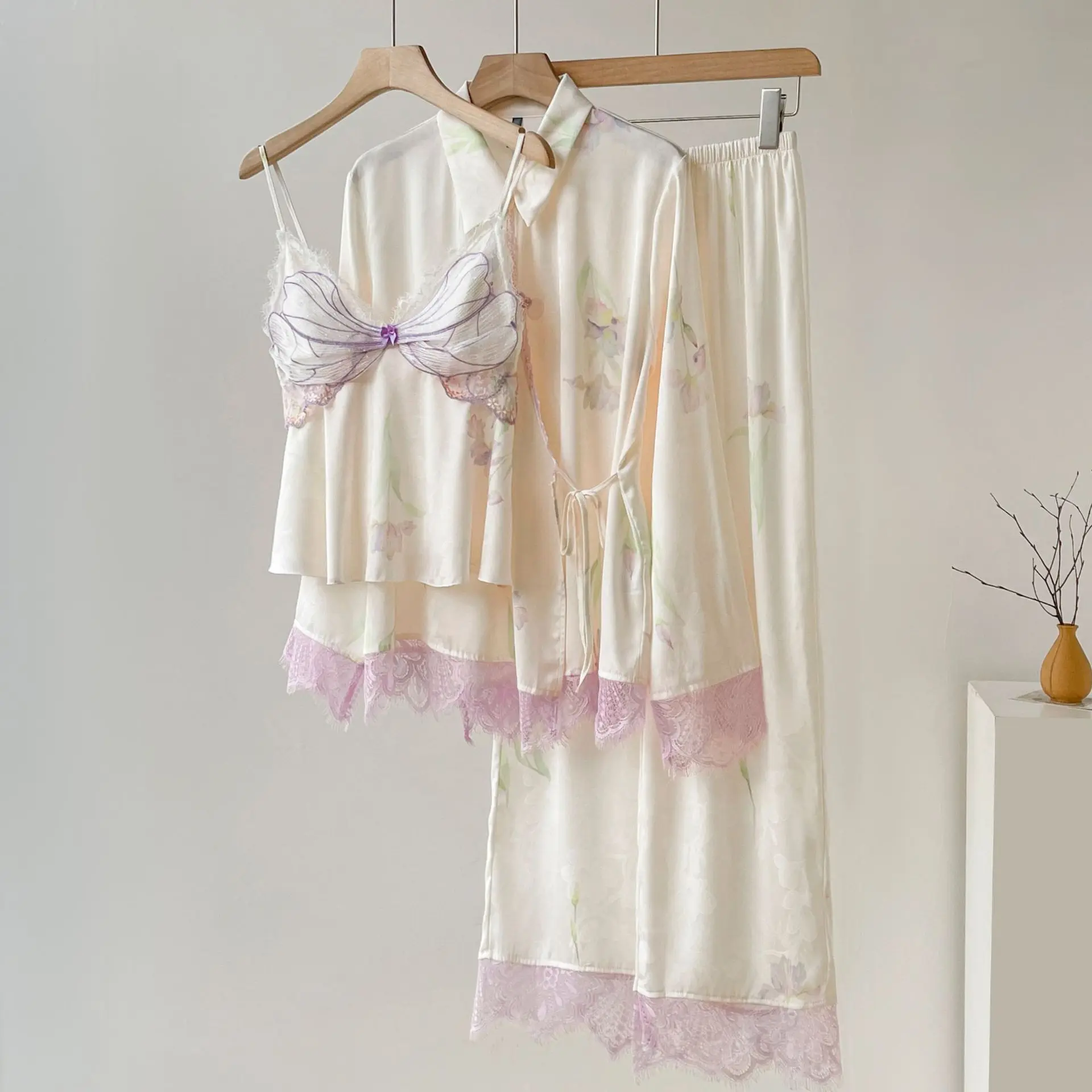 Spring Autumn Satin Pajamas Women's New Sleepwear 3PCS Sexy Lace Printed Home Clothes Suspender Sling Long Sleeved Pants Pijamas