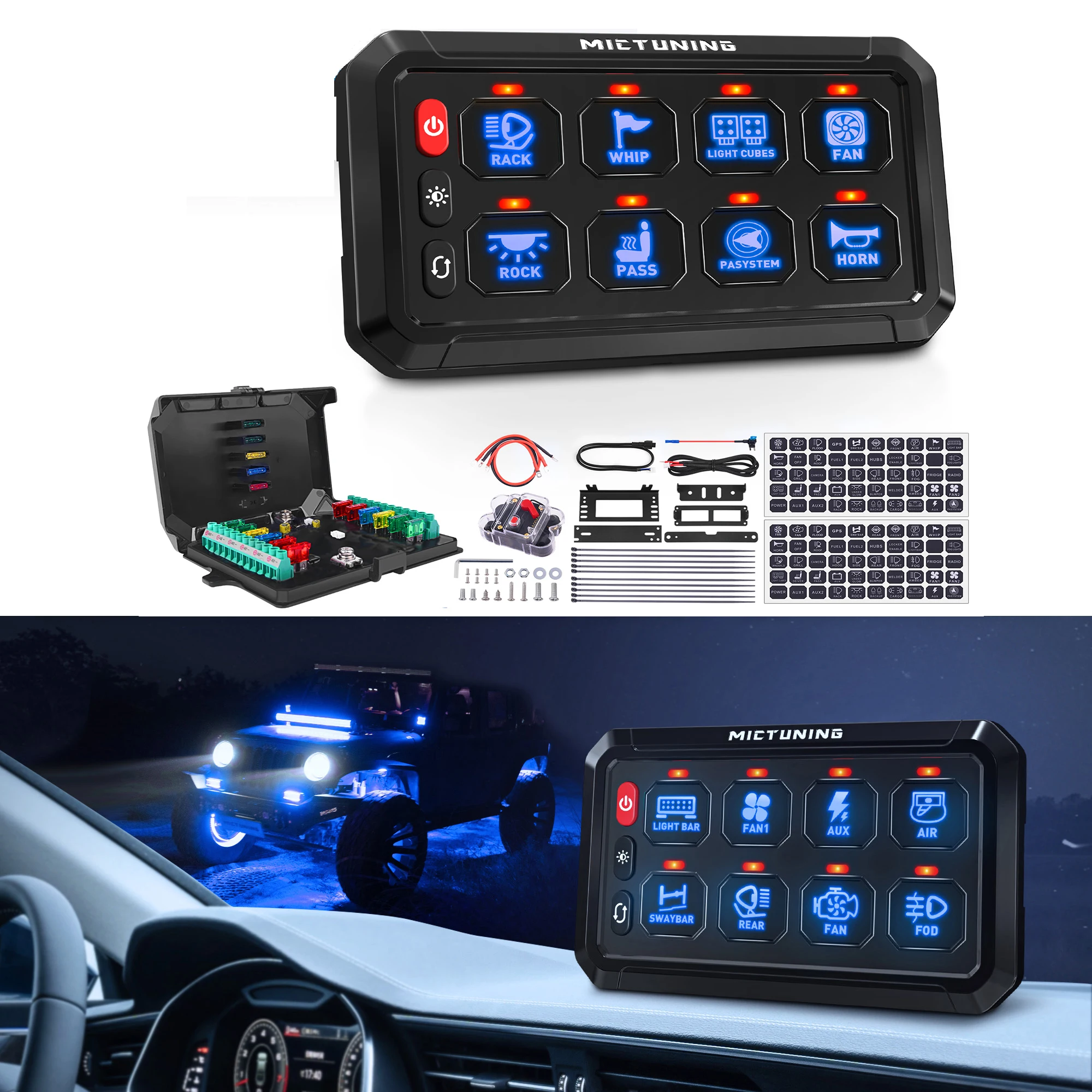 

MICTUNING P1s 5.0 Inch 8/12 Gang Switch Panel Blue Backlight 3 Silicon Button Control Relay Box for Truck SUV UTV Offroad Car