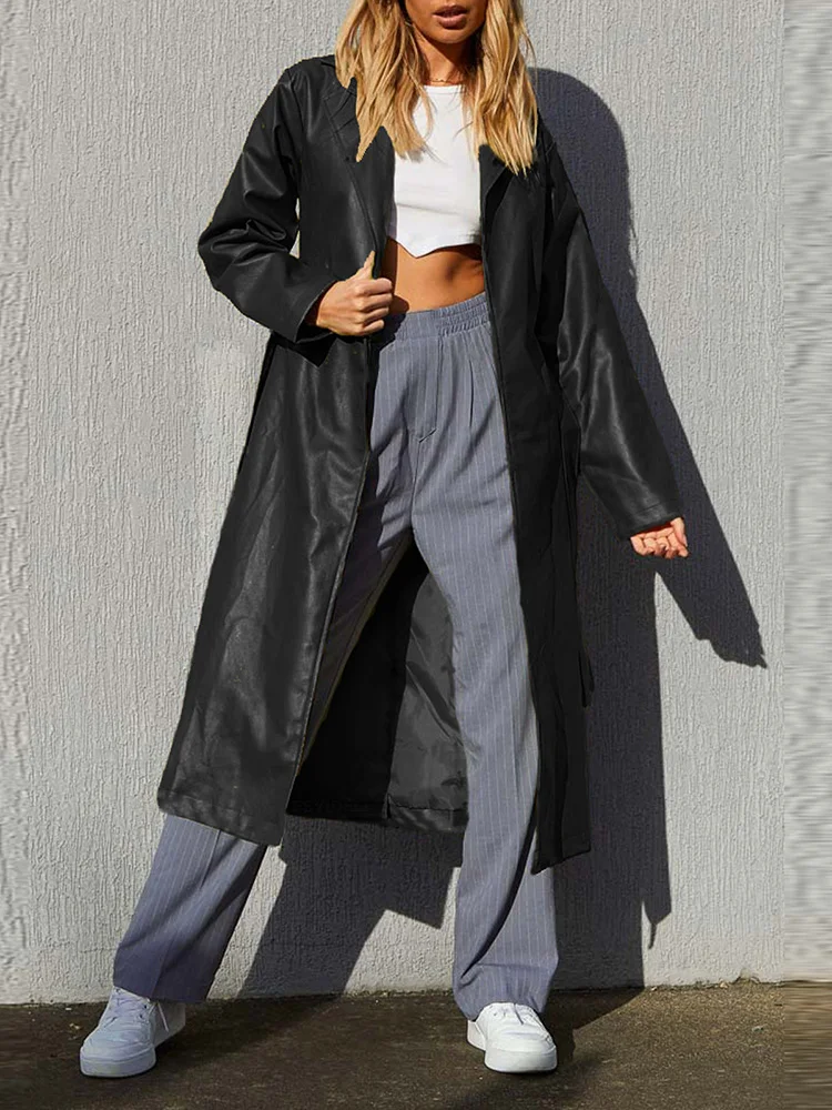 2022 New Leather Style Lady Solid PU Long Jackets Casual Women Streetwear Vintage Coat Loose Long Sleeve Outerwear With Pockets