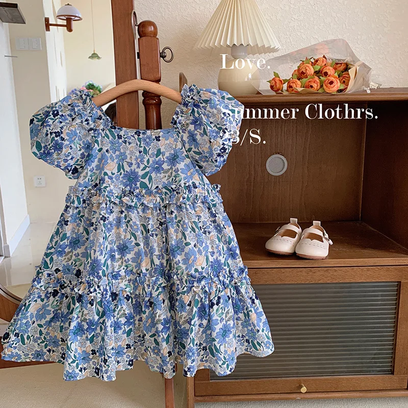 

Girls' Dress Summer New Western Style Baby Blue Floral Princess Dress Children's French Short Sleeve DressChangx