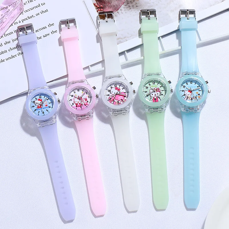 Hello Kitty Children Watches Girls Color Light Source Silicone Strap Kids Watch with Box Gift Clock Wrist Relogio Feminino 5