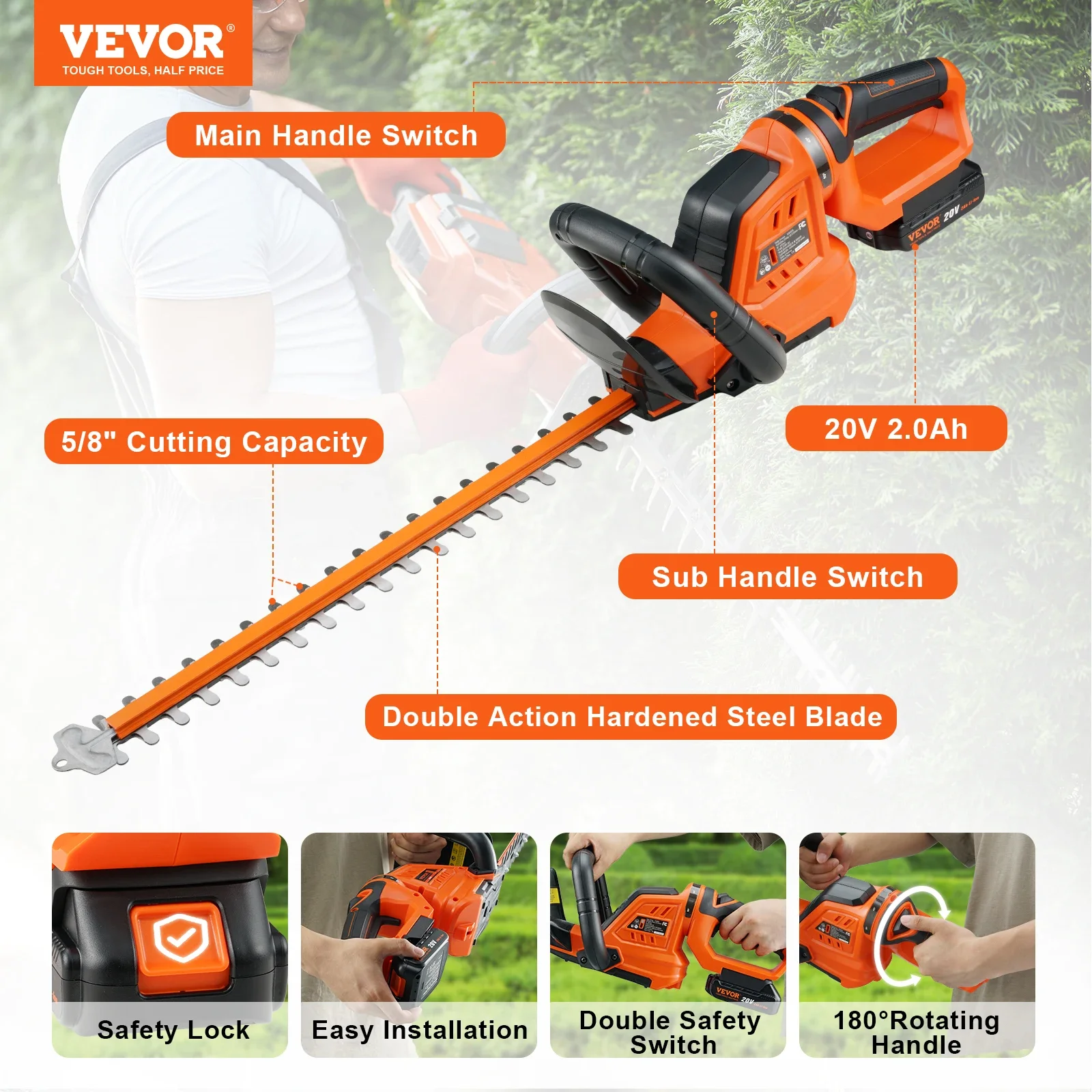 VEVOR 20V Cordless Hedge Trimmer 18 Inch Double-edged Steel Blade Hedge Trimmer Kit 20V Battery Charger And Blade Cover Included