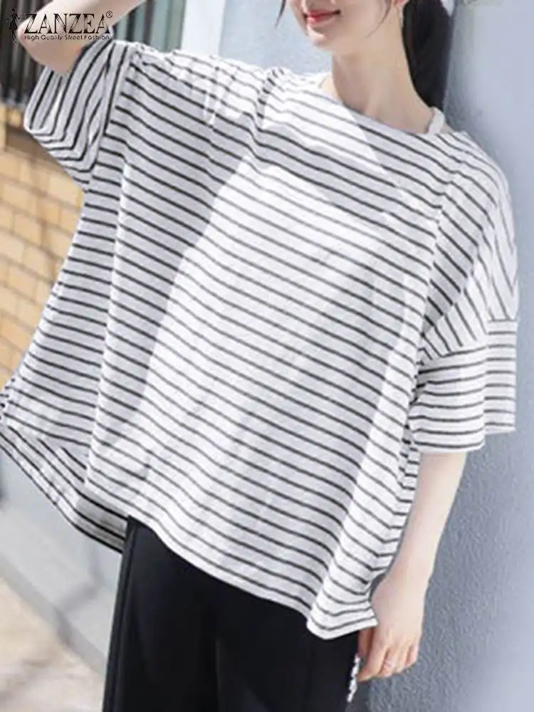 

Summer O Neck Half Sleeve Tops ZANZEA Oversize Women Striped Blouse Casual Loose Fashion Work Blusas Female Holiday Shirt 2024