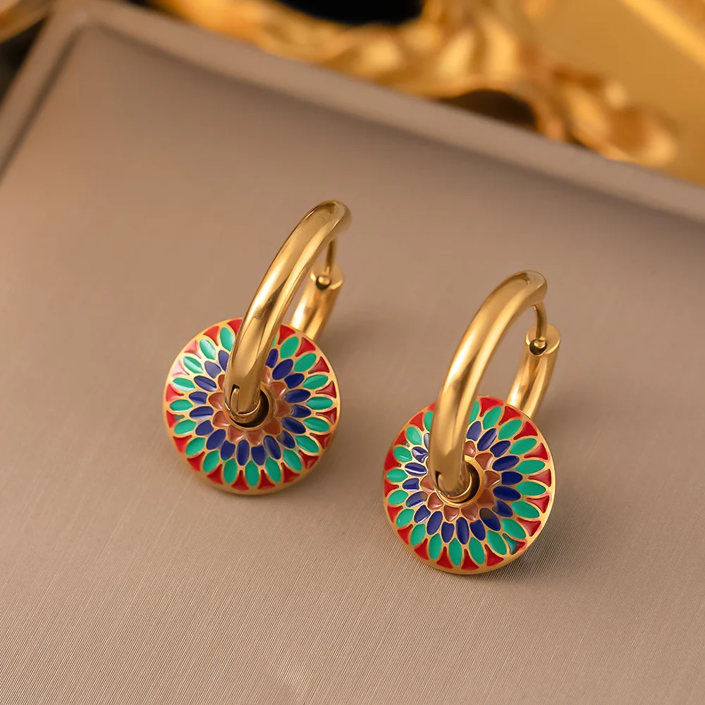 Jewelry Sets 316l Stainless Steel Non-Fading Vintage Painted Flower Pattern Pendant Necklace Earrings for Women Gift