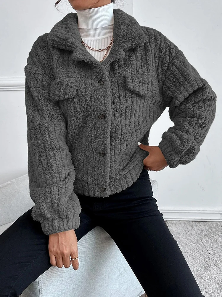 

Winter Women Rabbit Plush Jacket Faux Fur Thick Coat Casual Long Sleeve Loose Overcoat Female Outerwear Autumn Ladie Button Coat