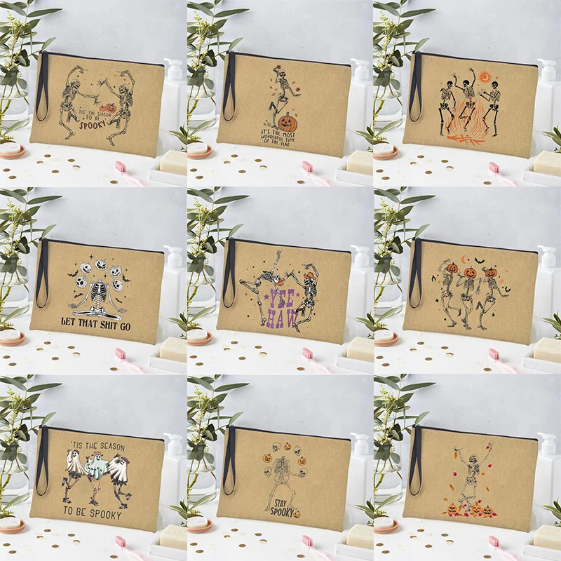 

Halloween Makeup Case Travel Toiletries Witch Organizer Storage Make Up Pouch Halloween Skeleton Fall Cosmetic Bag Gift for Her