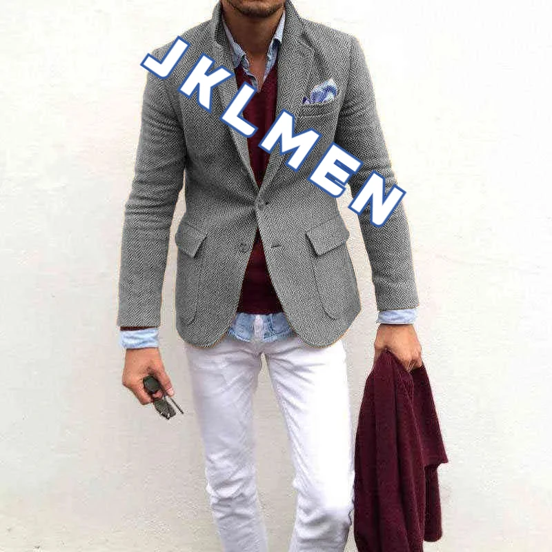 Men's Suit Jacket Herringbone Tweed Wool Jacket Winter Warm Short Jacket Retro Slim Fit Men Blazer  Coat Only