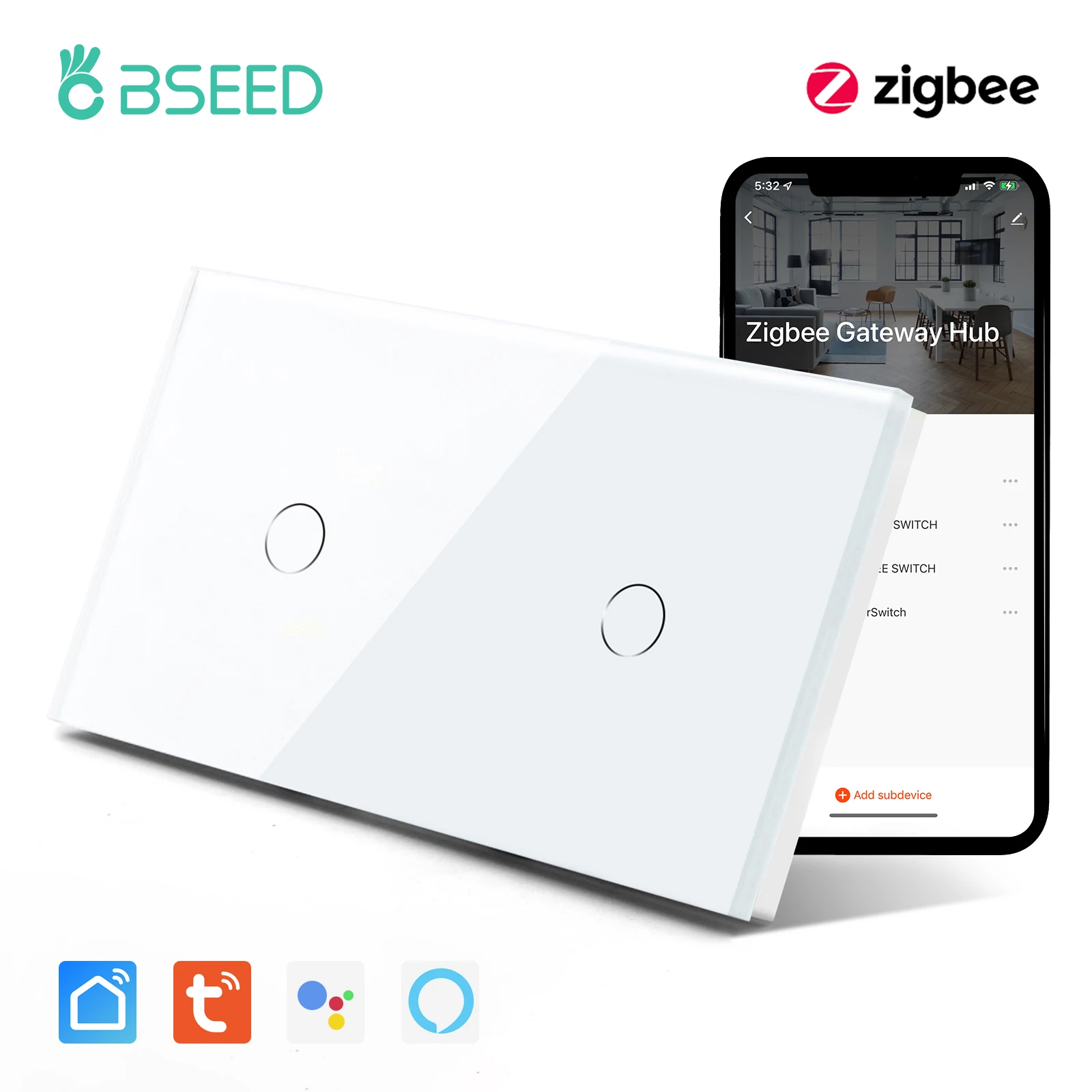 

Bseed EU Standard Zigbee Tuya Switch 2 Gang 10A Smart Switch Without Neutral Support Alexa Smart Life Google Home Improvement