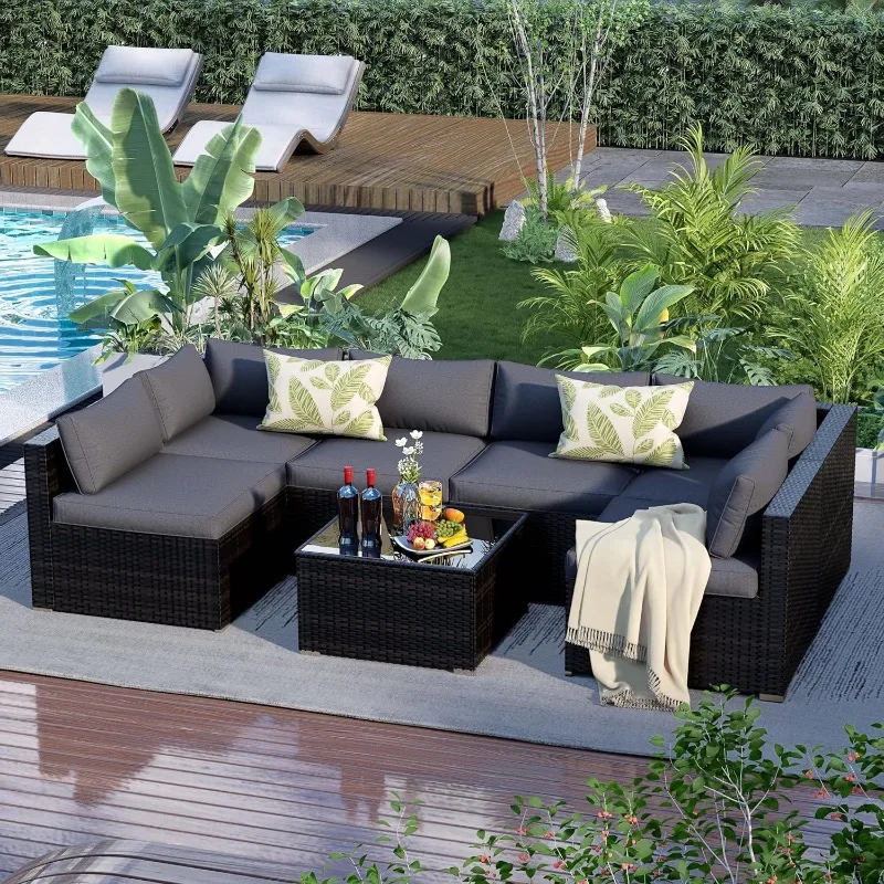 

7 Pieces Patio Furniture Set - Outdoor Sectional Wicker Rattan Furniture with Cushion and Glass Table Patio
