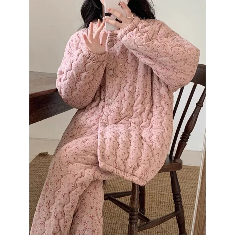 2024 Women's Autumn Winter Pajamas Three Layer Cotton Casual Pyjamas Floral Thickened Sleepwear Warm Housewear with Drawstring