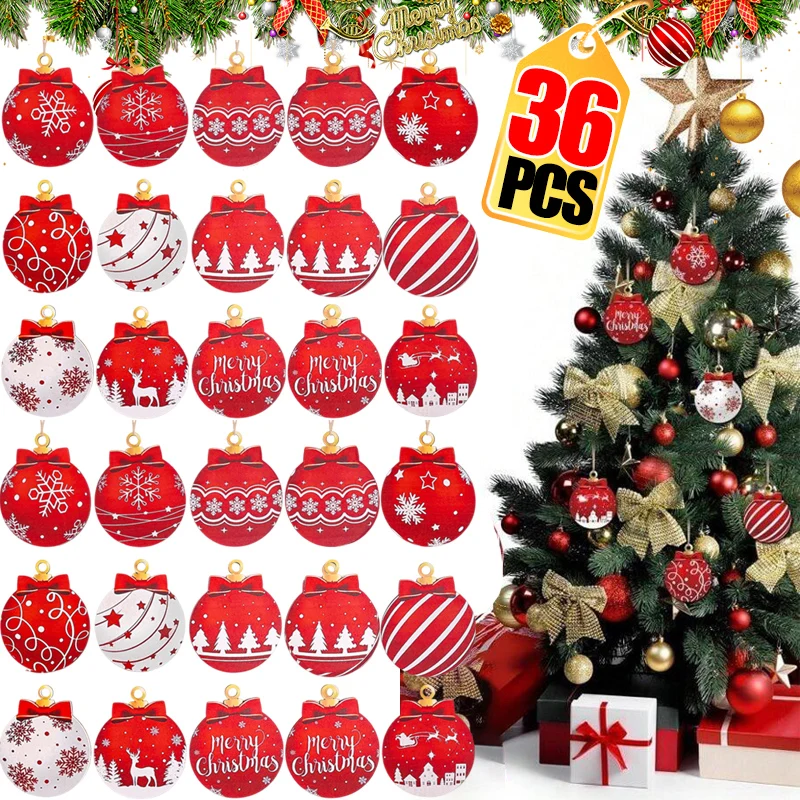 QIHE-36PCS Christmas Red Angel Ornaments, 12 Styles Wooden Hanging Decor Hemp Rope Diy Blank Back Message Writing Xmas Tree Home Decoration